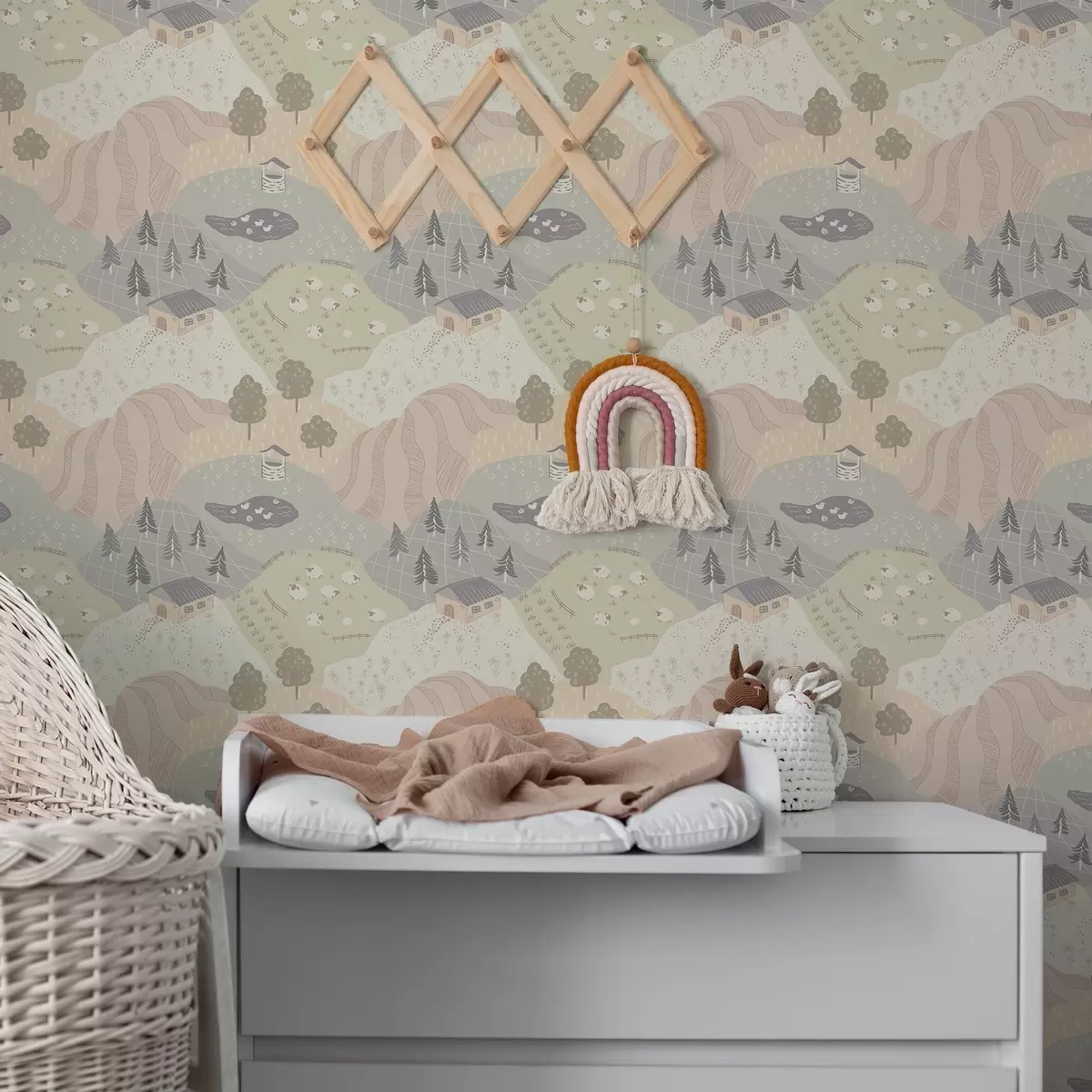 Papel de parede Campo de conto de fadas com árvores, gansos e ovelhas a00728