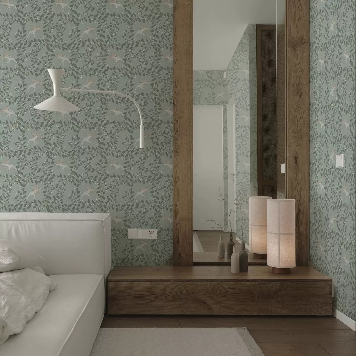 Papel de parede Galhos com bagas brancas e pássaros sobre um fundo verde a00731