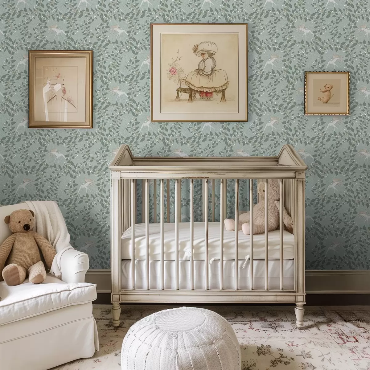 Papel de parede Galhos com bagas brancas e pássaros sobre um fundo verde a00731