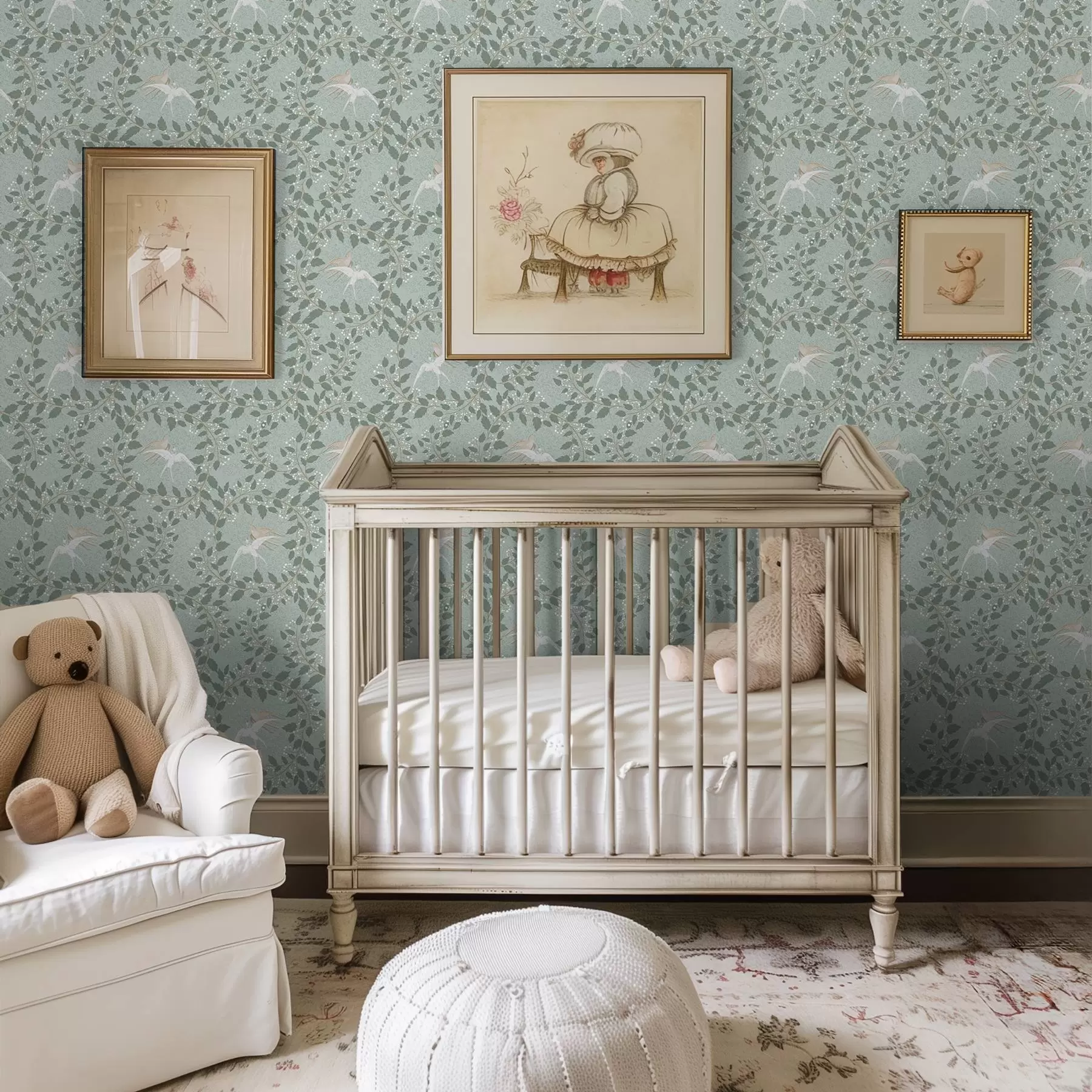 murais de parede Galhos com bagas brancas e pássaros sobre um fundo verde a00731