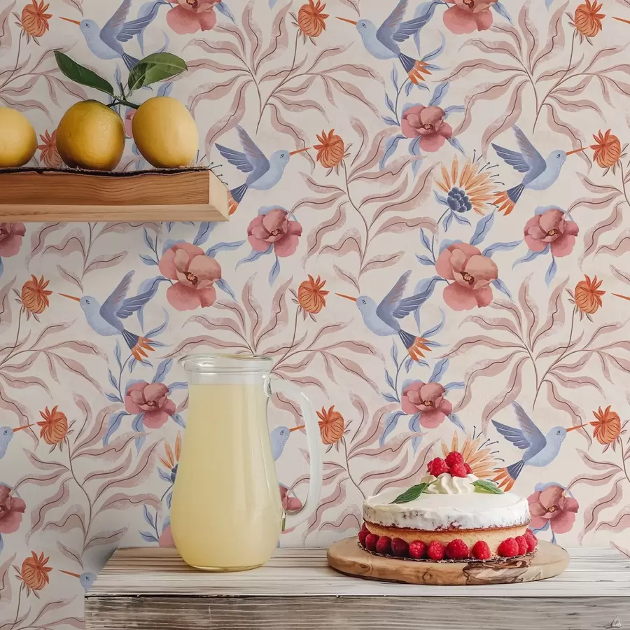 murais de parede Beija-flores entre flores grandes em tons de rosa e azul a00733