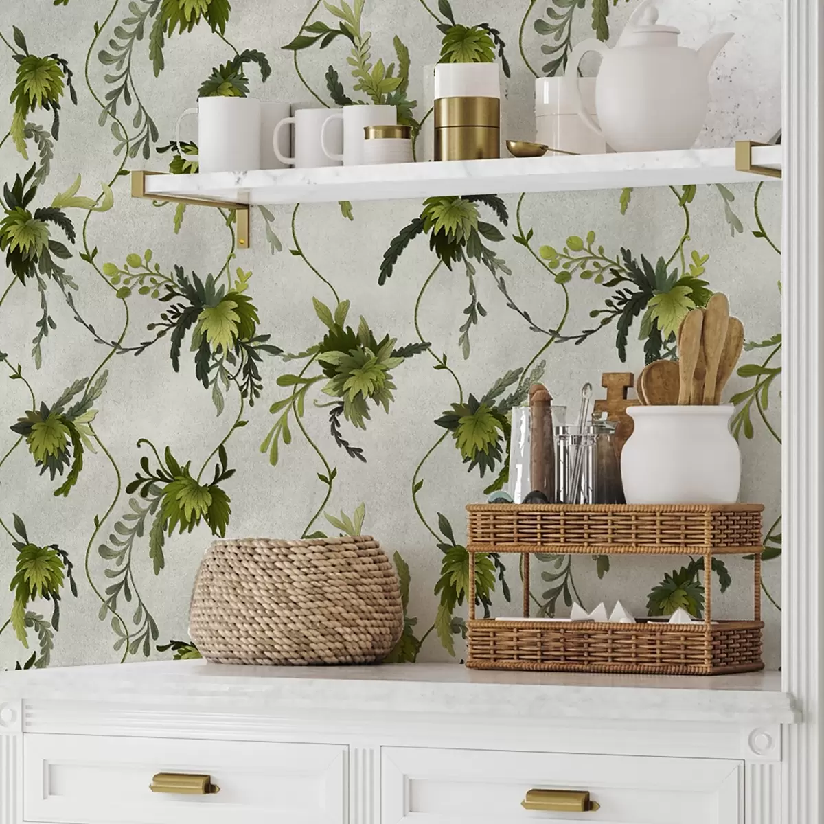 Papel de parede Galhos com folhas em um fundo claro a00806