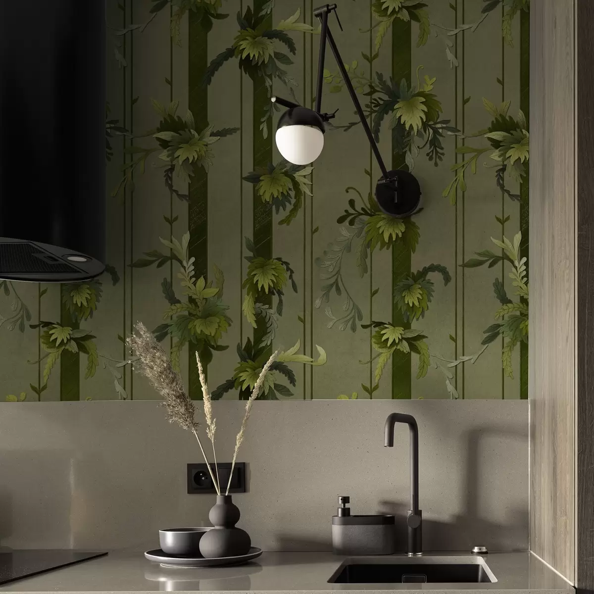 Papel de parede Folhas e cachos de videira em tons claros de aquarela verde a00807