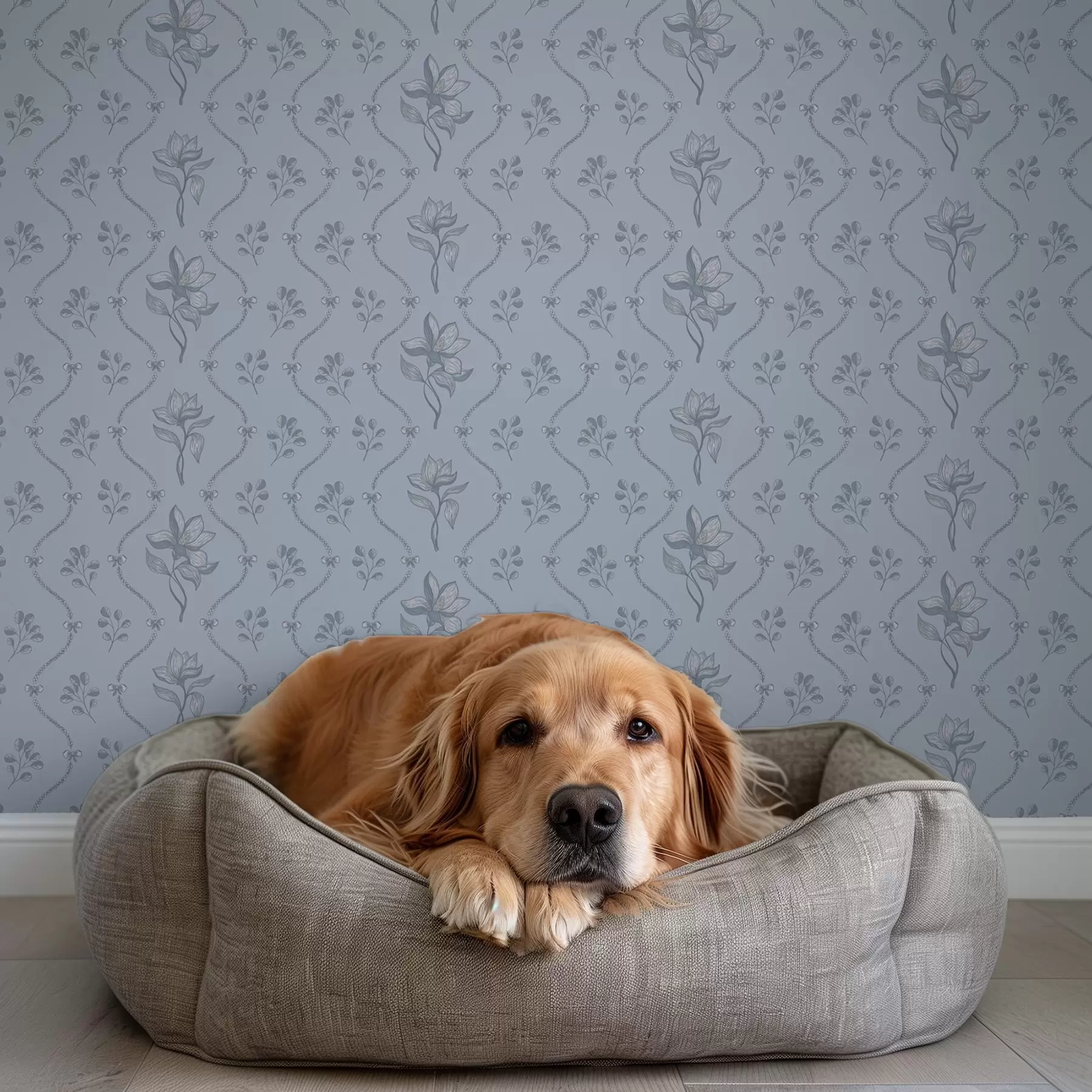 murais de parede Pequenas flores e fitas em tons de cinza-azulado a00808v2