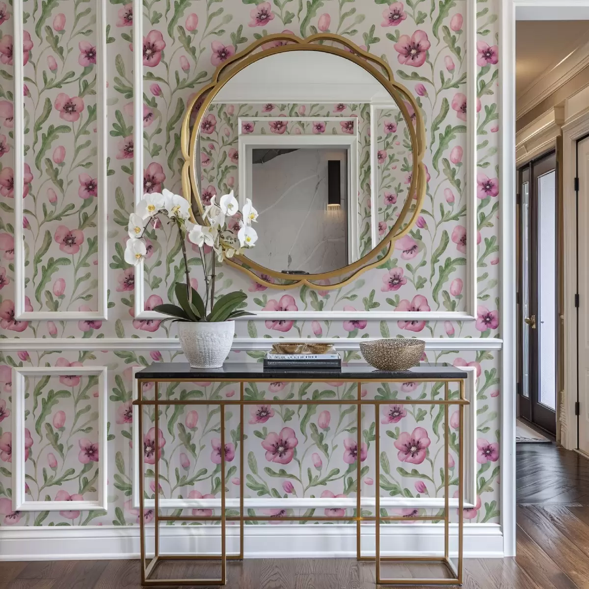 Papel de parede Papoulas delicadas em rosa com folhas em técnica de aquarela a00830