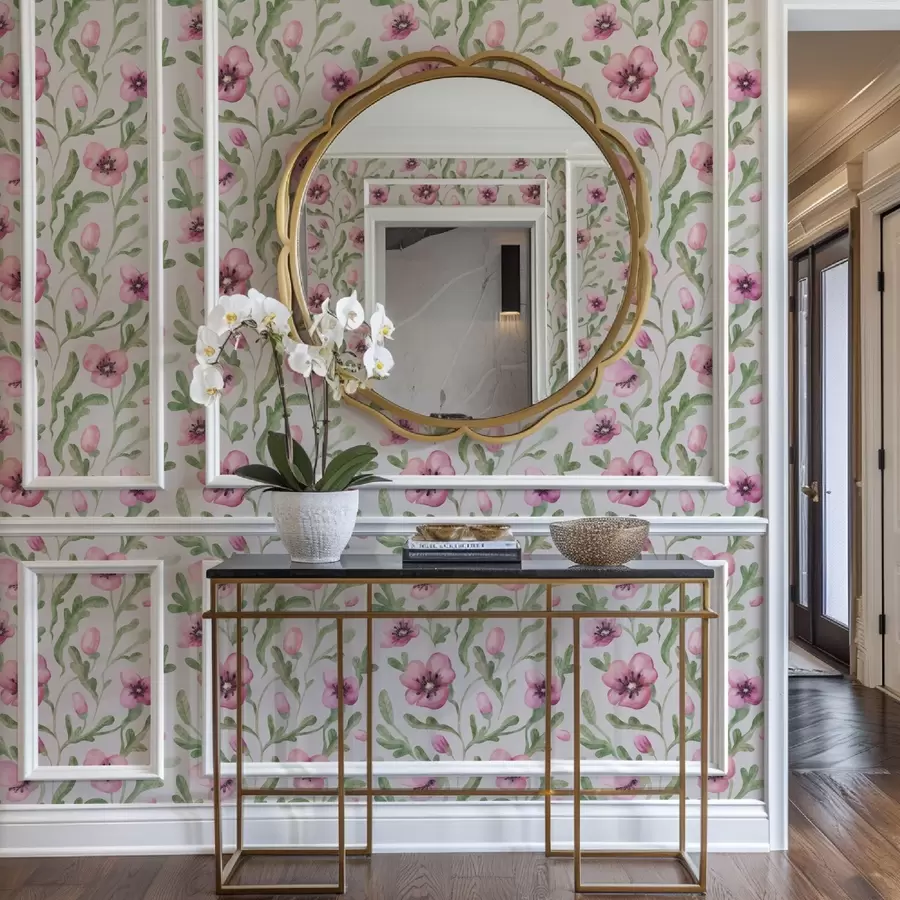 murais de parede Papoulas delicadas em rosa com folhas em técnica de aquarela a00830