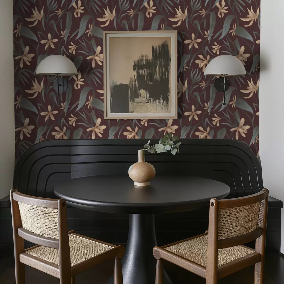 Papel de parede Flores creme com folhas cinzentas sobre fundo bordô a00833