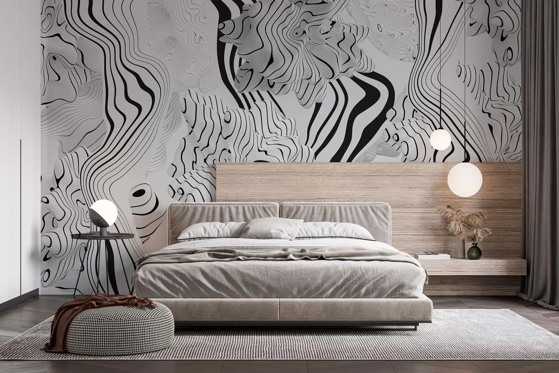 murais de parede formas orgânicas abstratas em estilo 3D em tons de branco e cinza com listras pretas w04627
