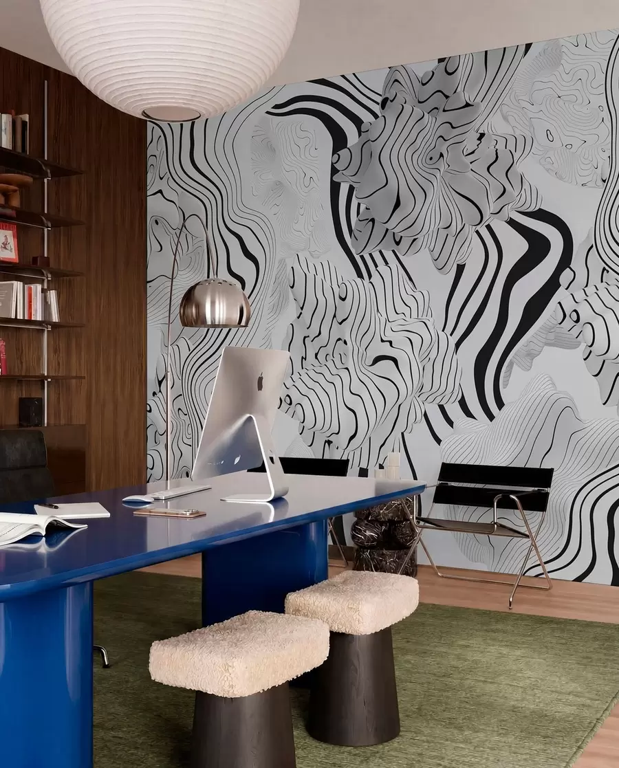 murais de parede formas orgânicas abstratas em estilo 3D em tons de branco e cinza com listras pretas w04627