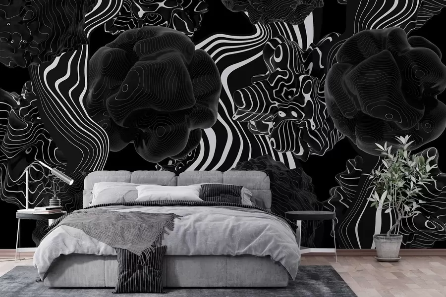 murais de parede formas orgânicas abstratas em estilo 3D em tons de preto com listras brancas w04628