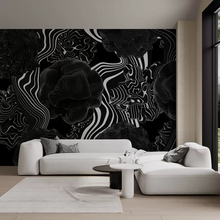 murais de parede formas orgânicas abstratas em estilo 3D em tons de preto com listras brancas w04628