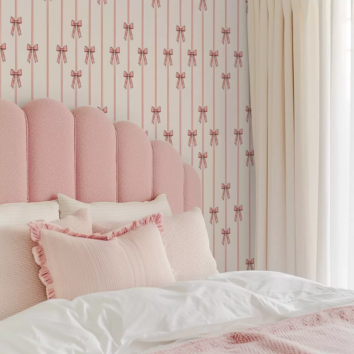 Papel de parede Fitas verticais com laços, fundo marfim a00653