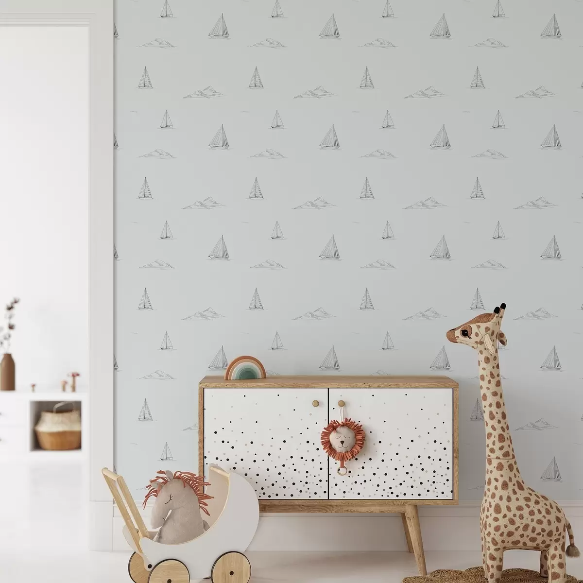 Papel de parede Esboce iates e ilhas, fundo azul-acinzentado fresco a00654