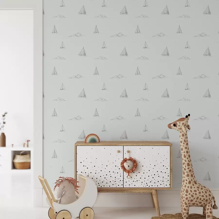 murais de parede Esboce iates e ilhas, fundo azul-acinzentado fresco a00654