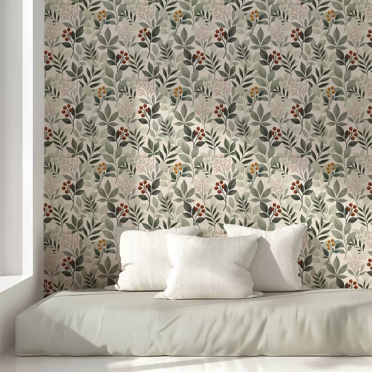 Papel de parede Folhas com bagas, fundo claro a00713