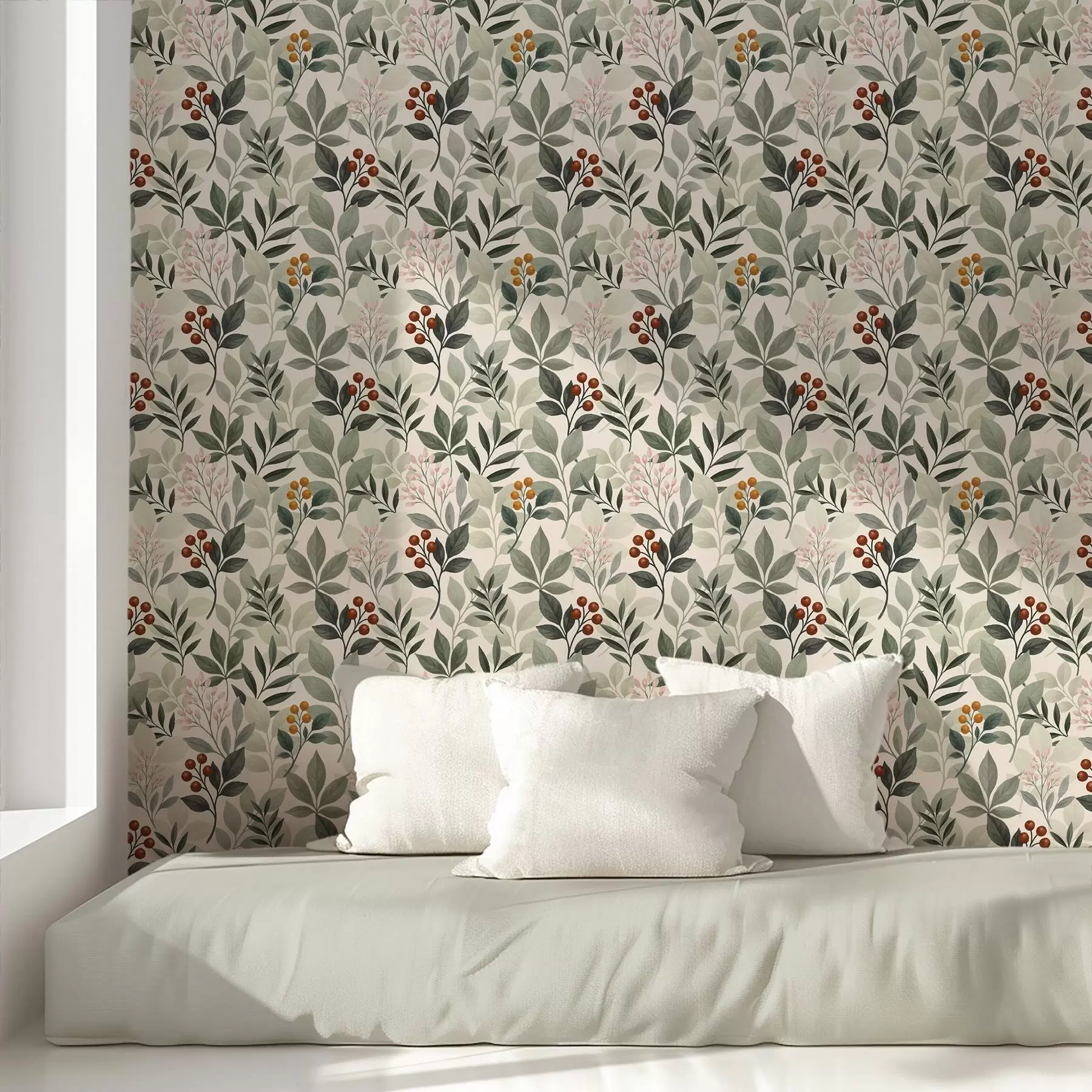 murais de parede Folhas com bagas, fundo claro a00713
