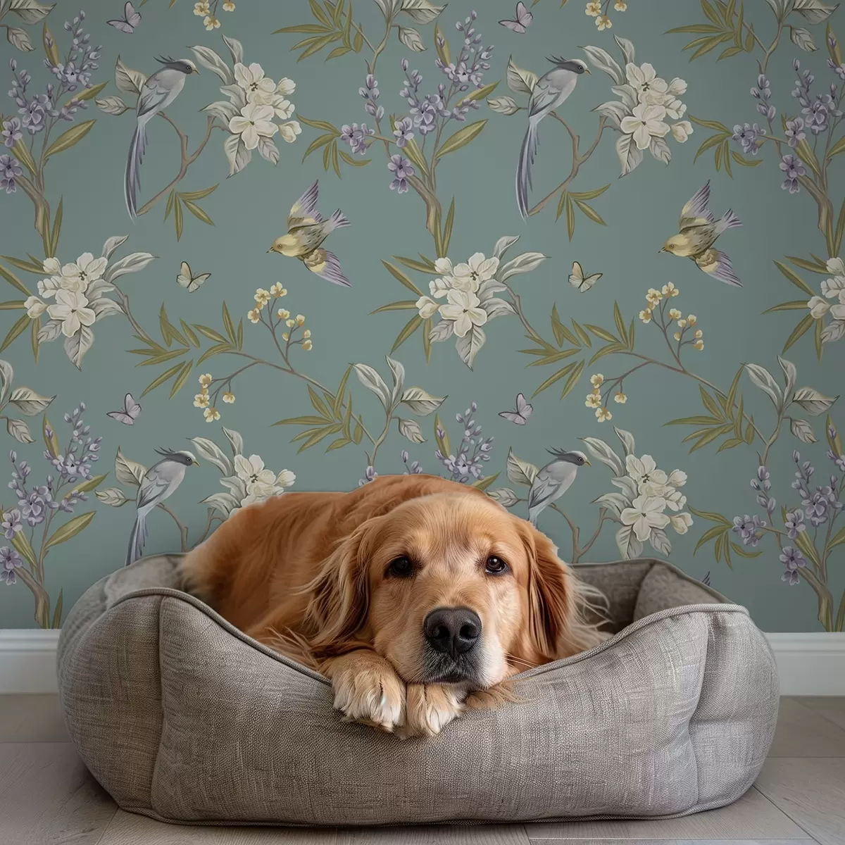 Papel de parede Pássaros, flores e borboletas sobre um fundo azul-acinzentado a00735