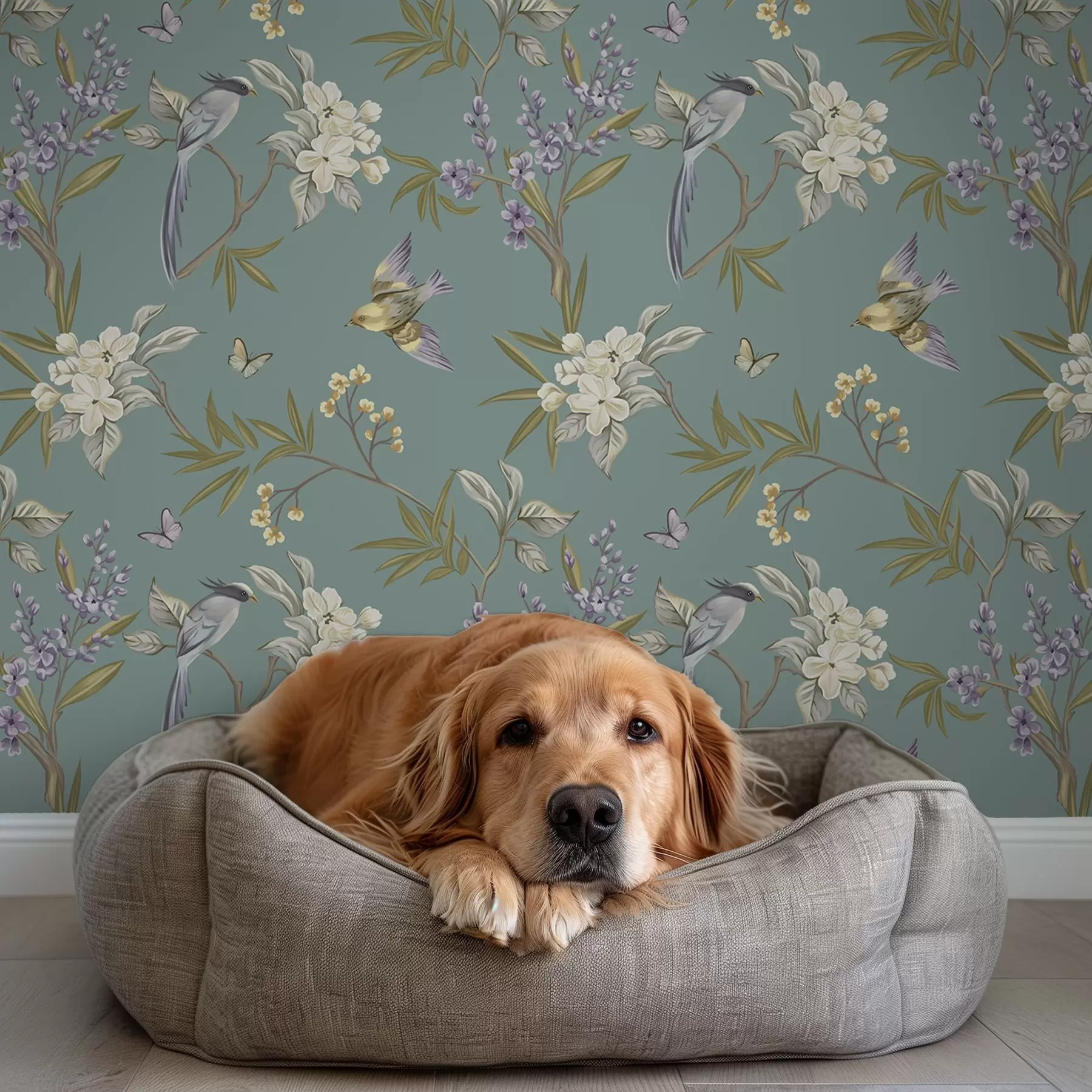 murais de parede Pássaros, flores e borboletas sobre um fundo azul-acinzentado a00735