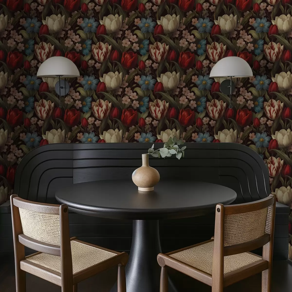 Papel de parede Tulipas brilhantes e flores azuis sobre fundo escuro a00746