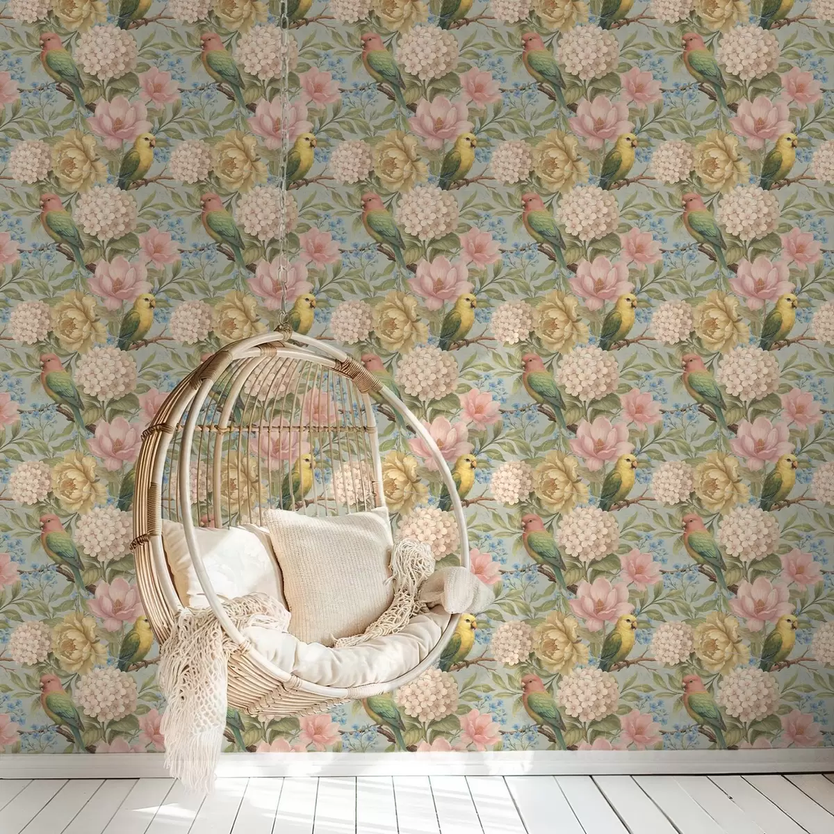 Papel de parede Papagaios entre peônias, hortênsias e magnólias a00747