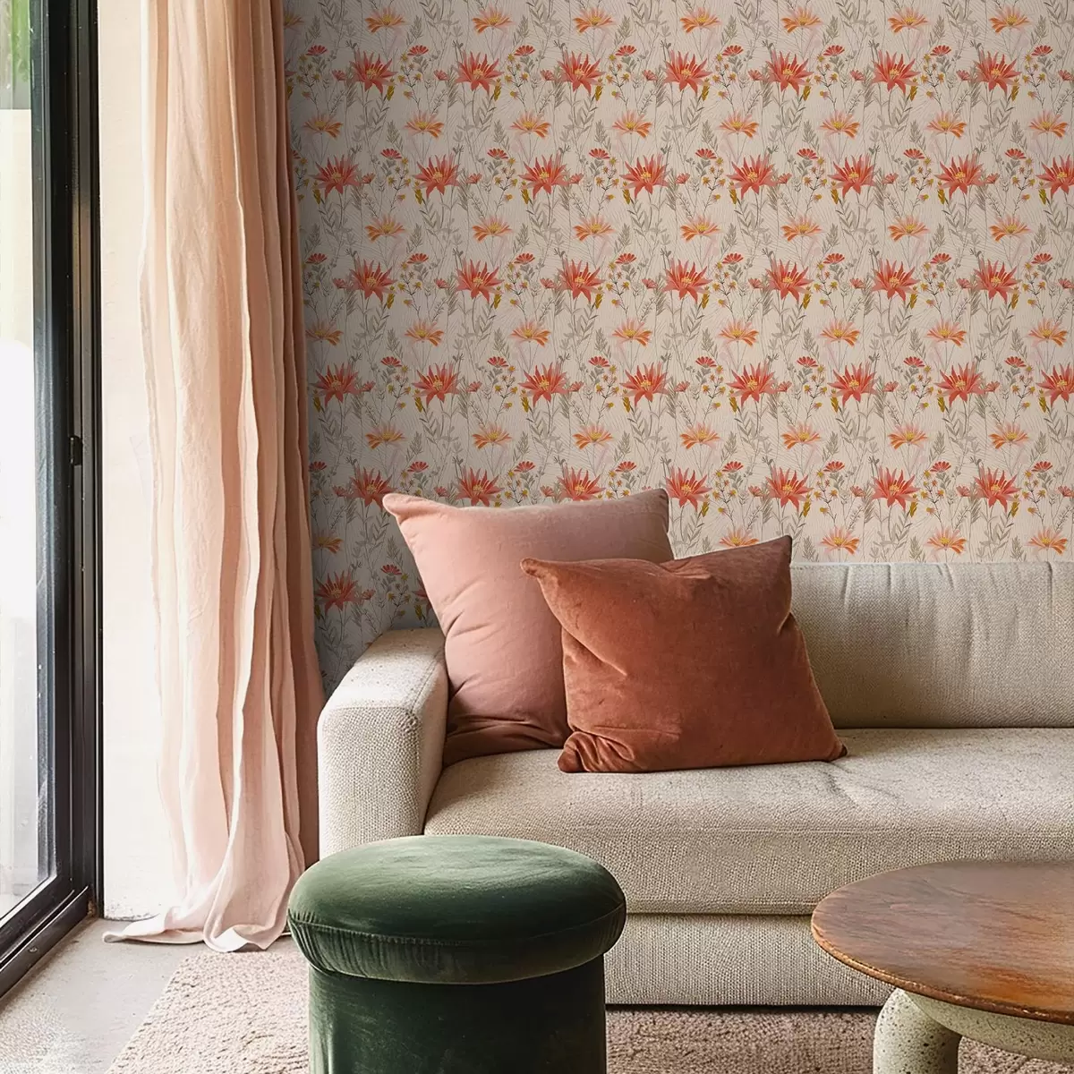 Papel de parede Flores silvestres em tons quentes sobre fundo bege a00751