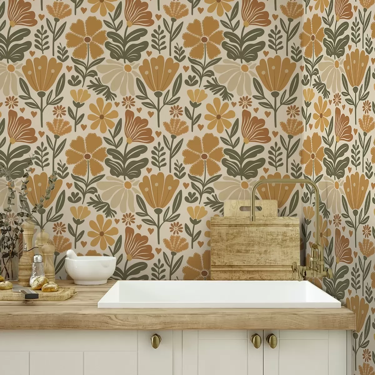 Papel de parede Flores estilizadas em tons quentes com corações a00752