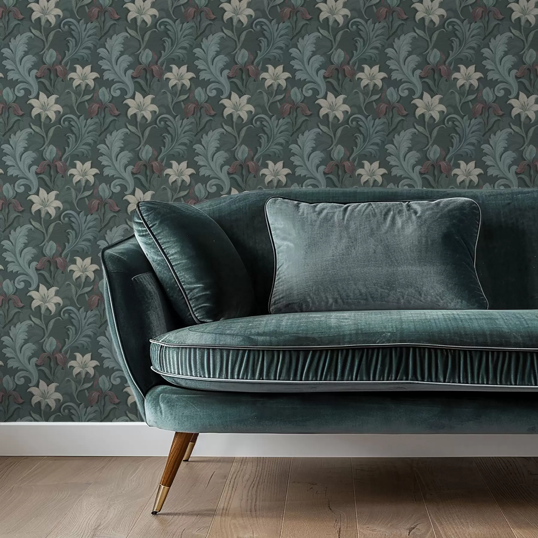 murais de parede Fundo verde escuro com íris e folhas decorativas a00755