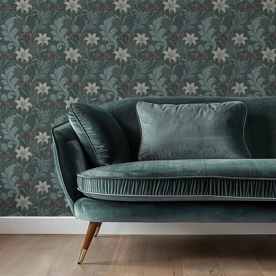 murais de parede Fundo verde escuro com íris e folhas decorativas a00755