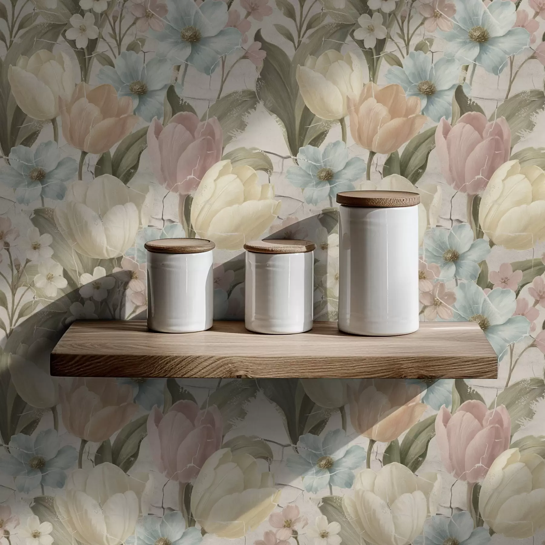 murais de parede Tulipas e flores em tons pastel sobre fundo claro rachado a00756