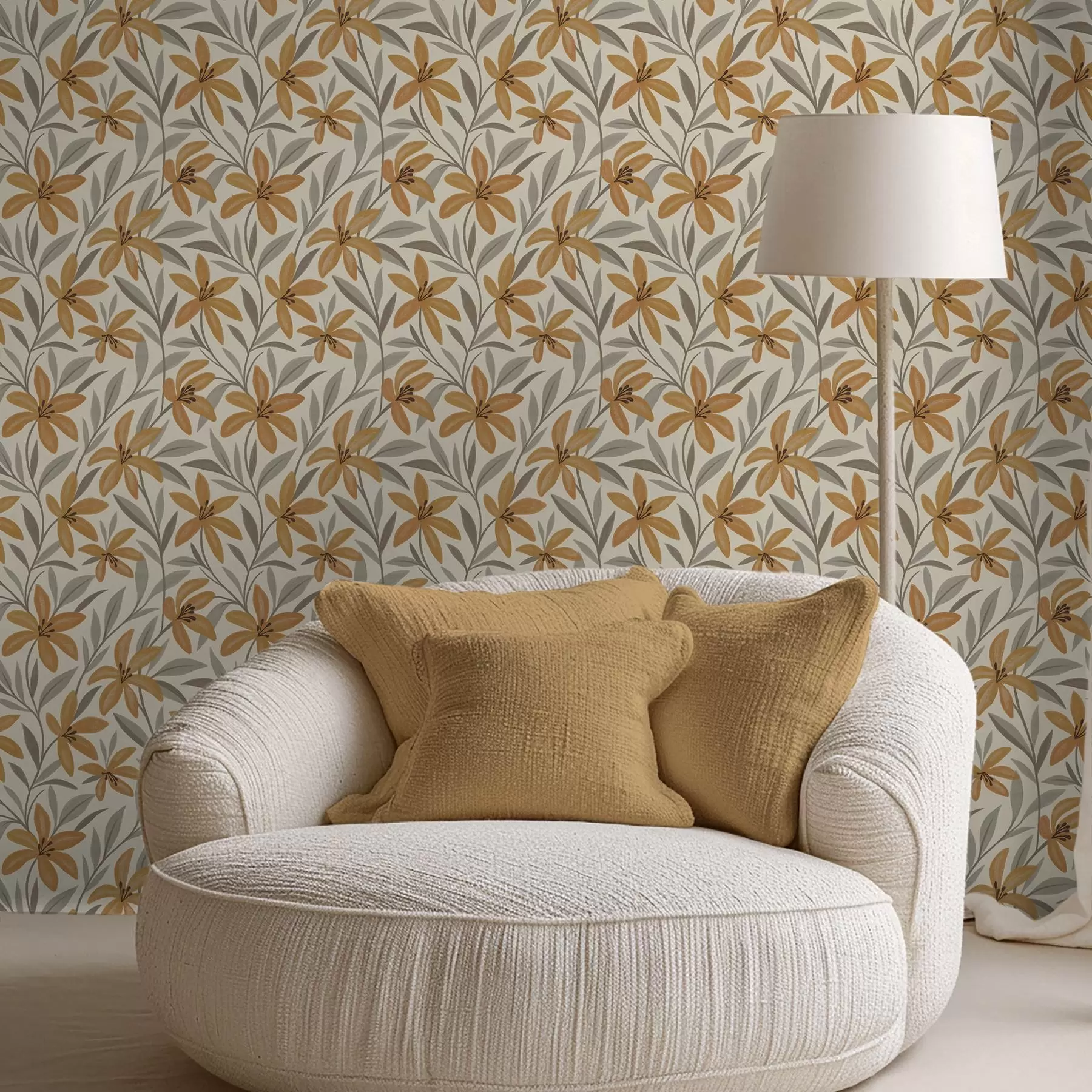 murais de parede Lírios amarelos e folhas verde-acinzentadas sobre fundo claro a00757