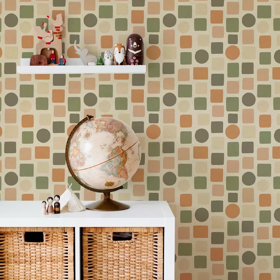 murais de parede Padrão geométrico de quadrados e círculos em tons quentes a00759