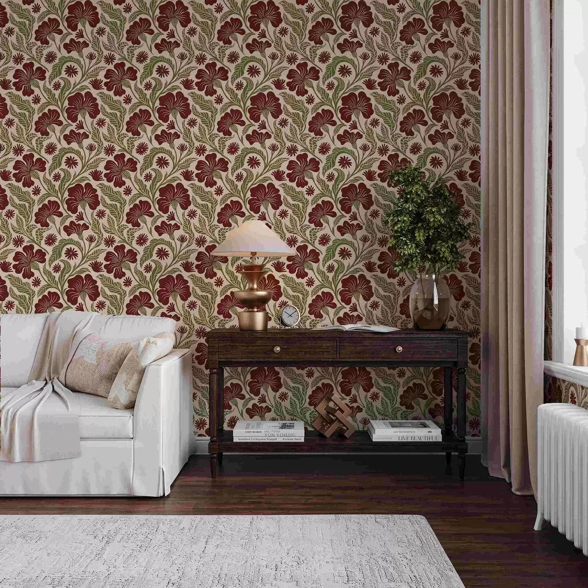 Papel de parede Flores cor de vinho com folhas verdes sobre fundo claro a00761