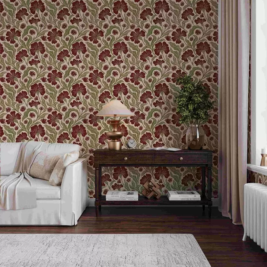 murais de parede Flores cor de vinho com folhas verdes sobre fundo claro a00761