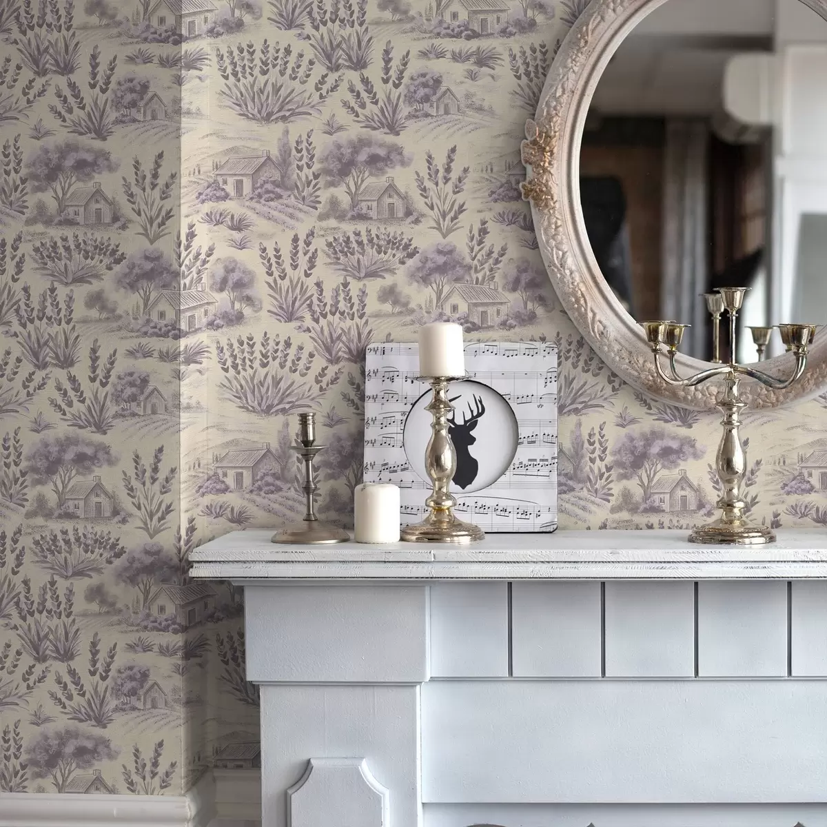 Papel de parede Campos de lavanda e casas em tons pastéis a00765