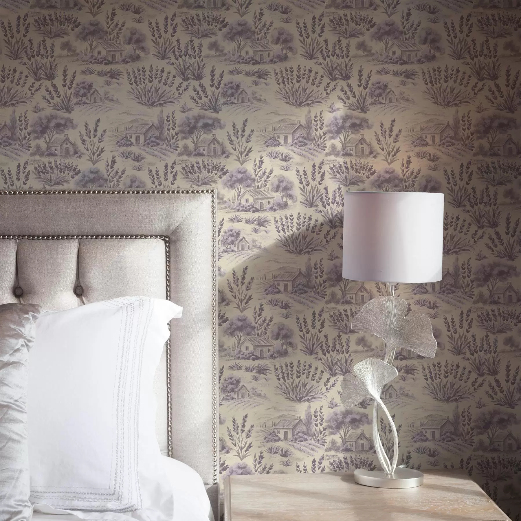 murais de parede Campos de lavanda e casas em tons pastéis a00765