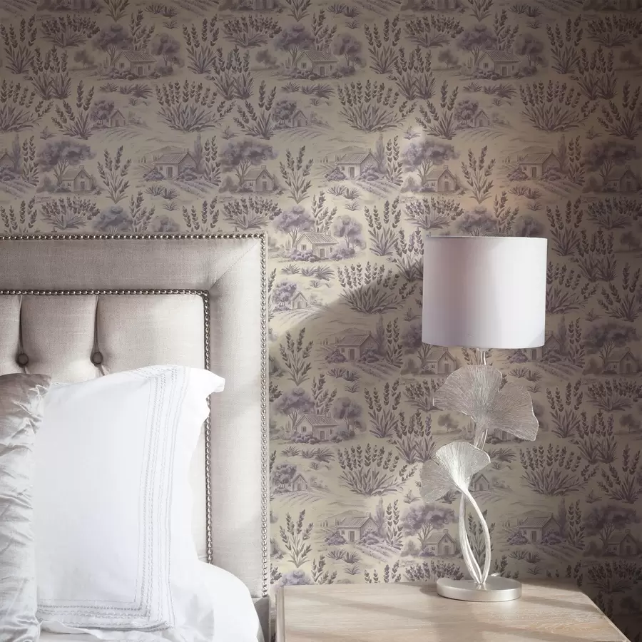 murais de parede Campos de lavanda e casas em tons pastéis a00765