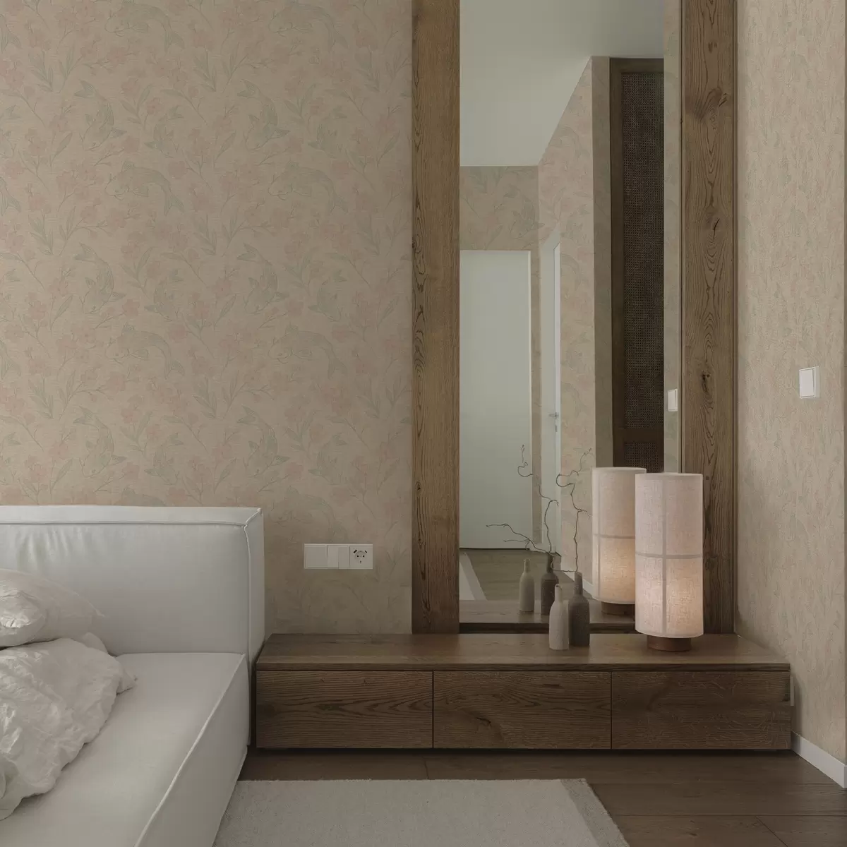 Papel de parede Carpas entre flores em suaves tons de bege-rosa a00766