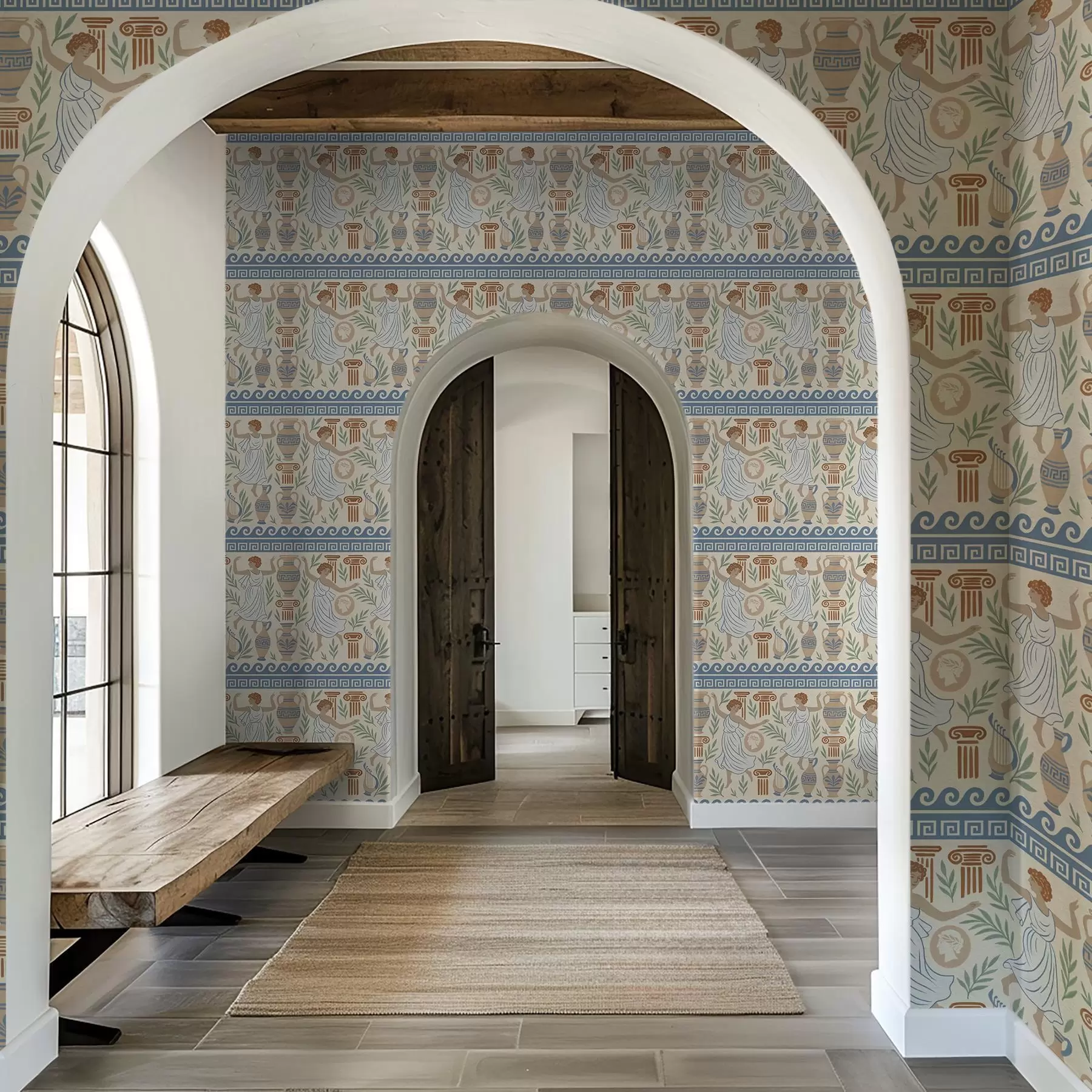 murais de parede Ornamento grego antigo com figuras, vasos e colunas a00768