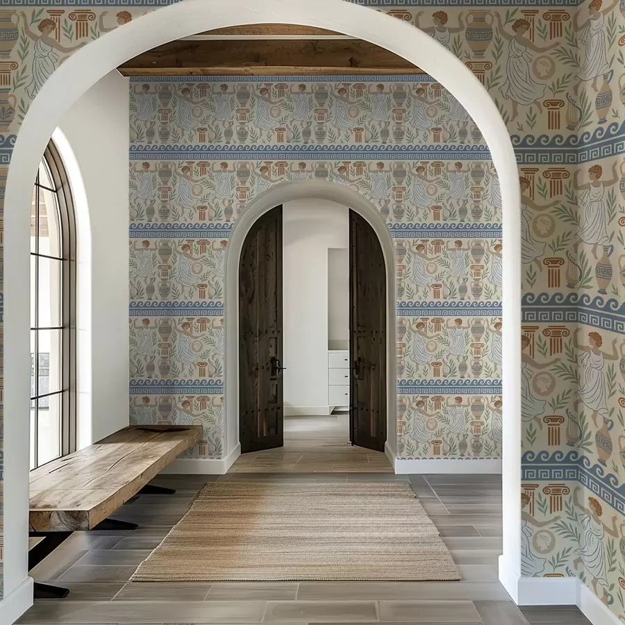 murais de parede Ornamento grego antigo com figuras, vasos e colunas a00768