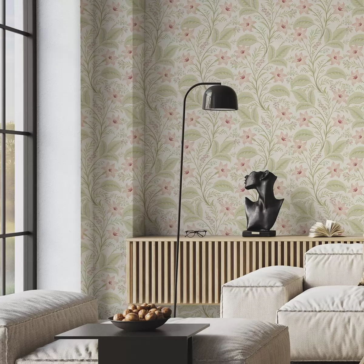 Papel de parede Flores delicadas e folhas em tons pastéis a00771