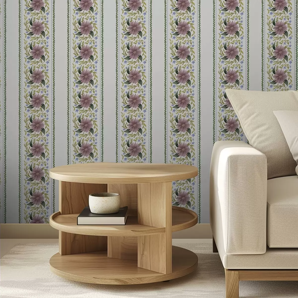 Papel de parede Listras florais verticais em tons de azul lilás a00809