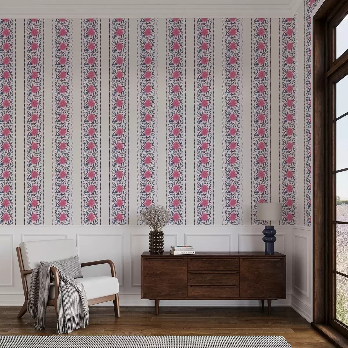 Papel de parede Listras florais verticais em tons rosa-púrpura a00810