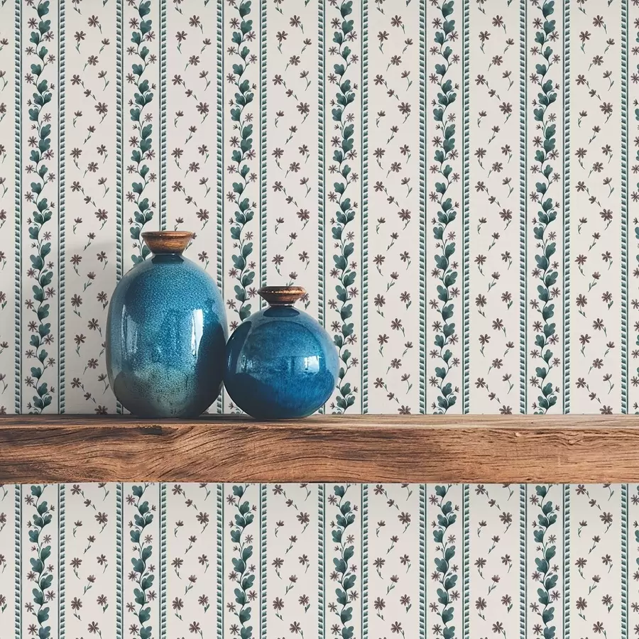 murais de parede Listras verticais florais em tons de azul-marrom a00811