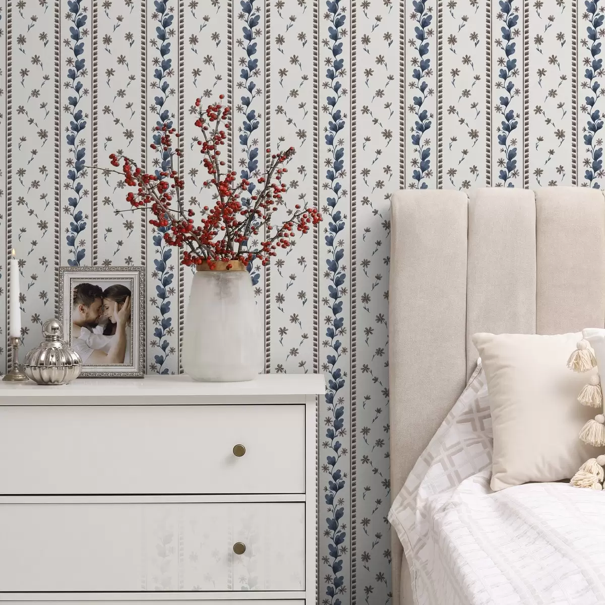 Papel de parede Listras verticais florais em tons de azul e marrom a00811v2