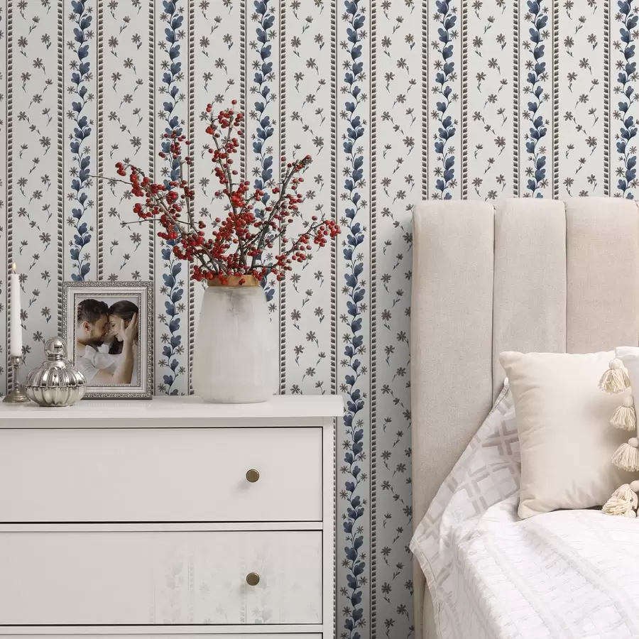 murais de parede Listras verticais florais em tons de azul e marrom a00811v2