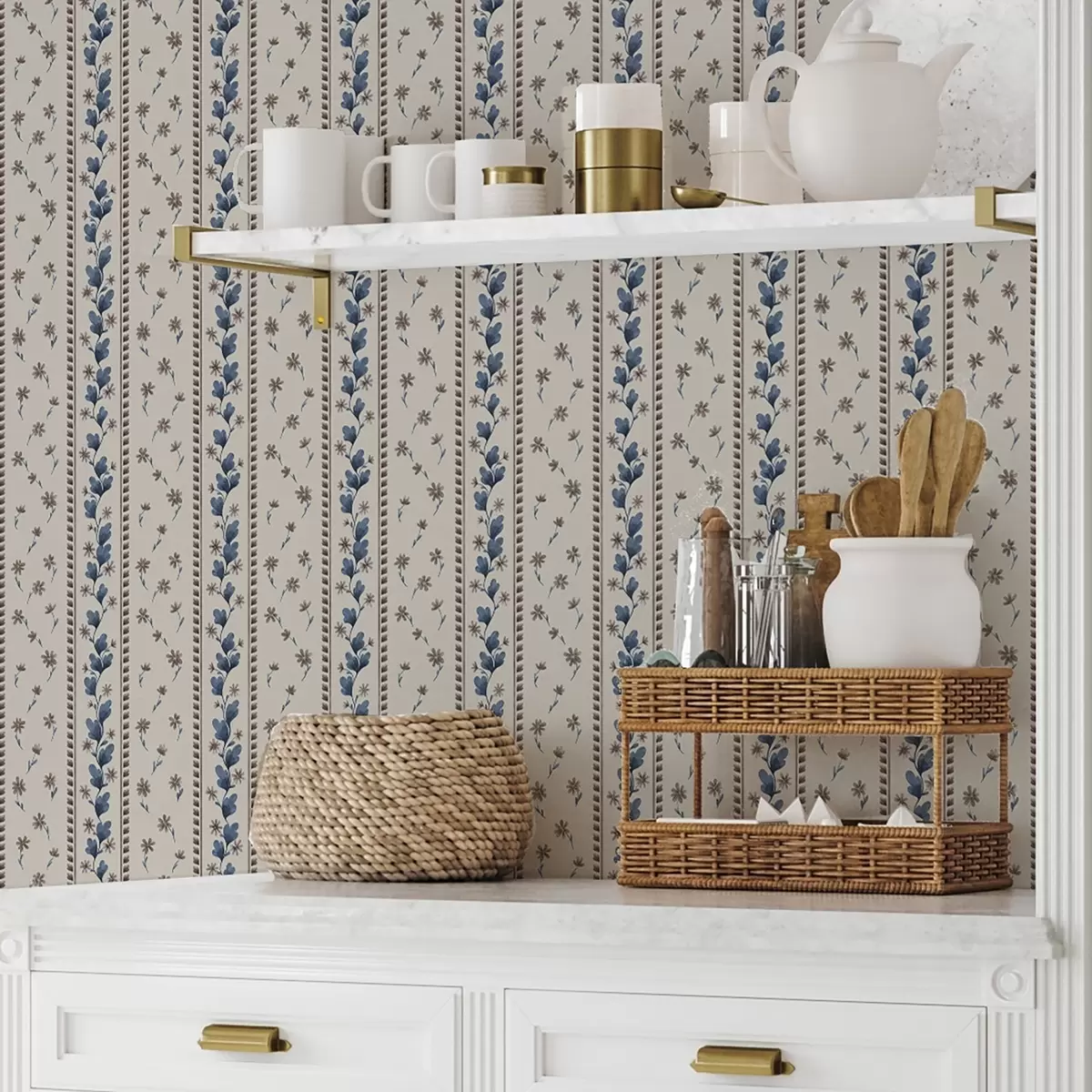 Papel de parede Listras verticais florais em tons de azul-marrom a00811v3