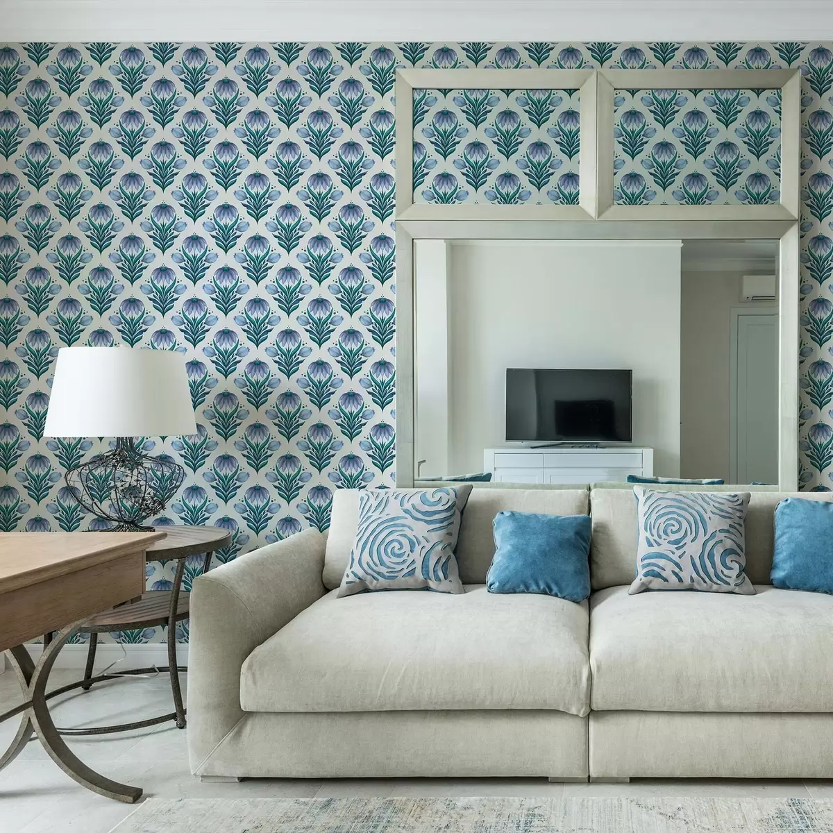 Papel de parede Ornamento floral simétrico em tons de azul e branco a00812v2