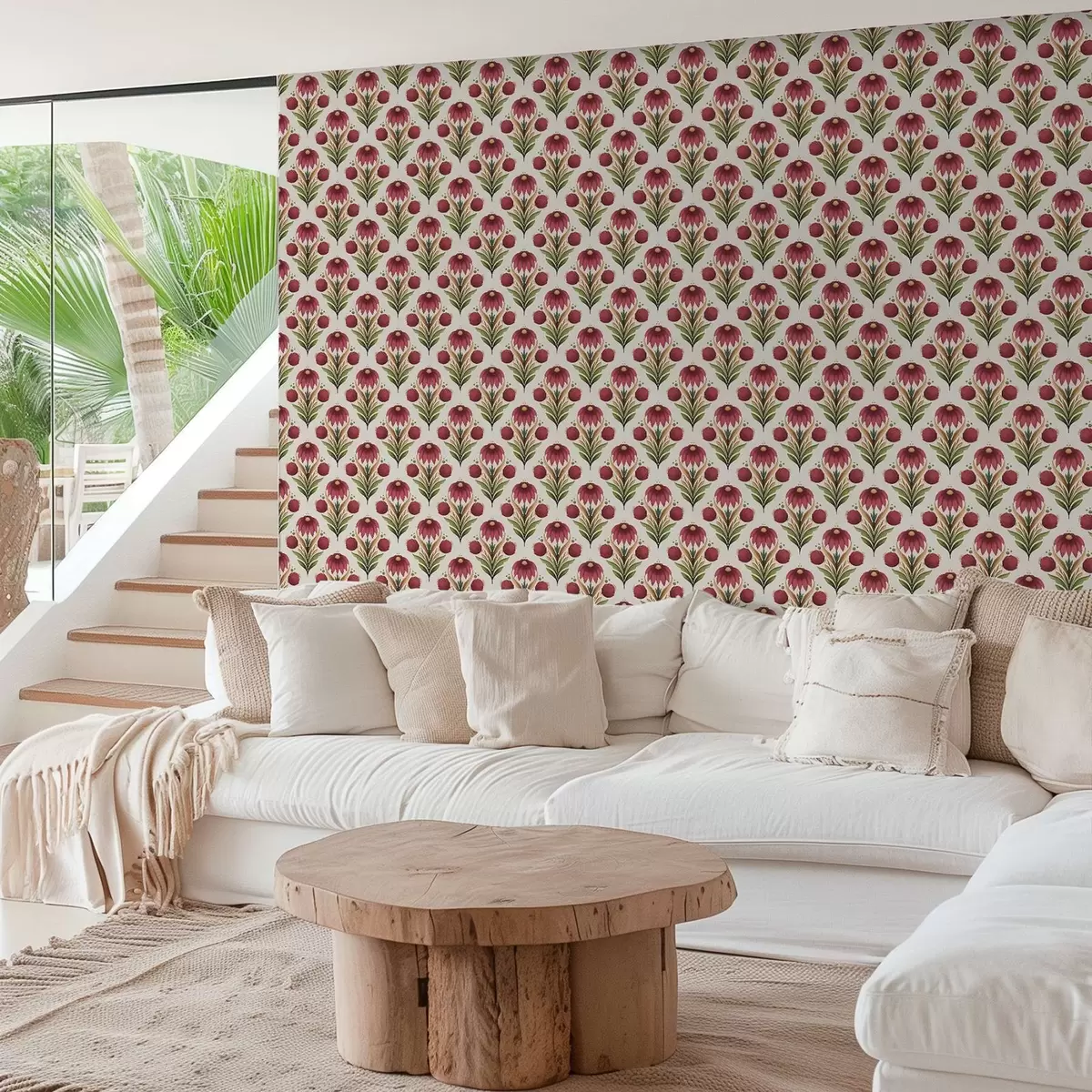 Papel de parede Ornamento floral simétrico em ricos tons vermelho-verde a00812v4