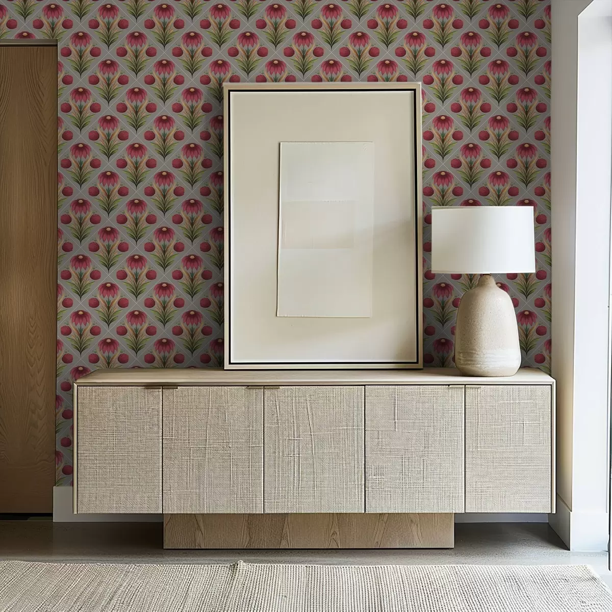 Papel de parede Ornamento floral simétrico sobre fundo cinza com diagonais a00869