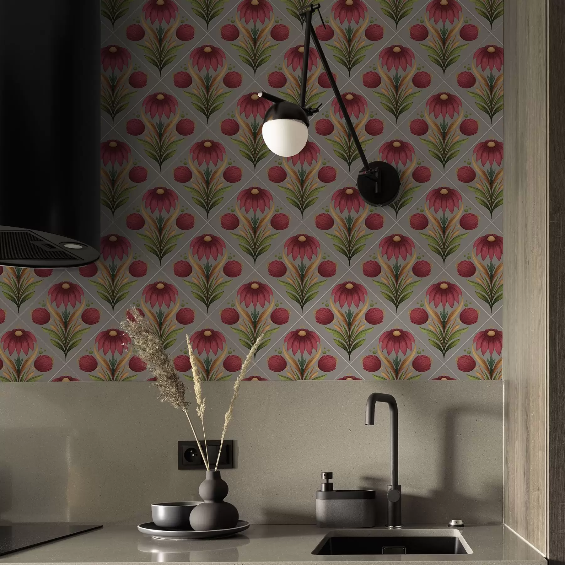 murais de parede Ornamento floral simétrico sobre fundo cinza com diagonais a00869